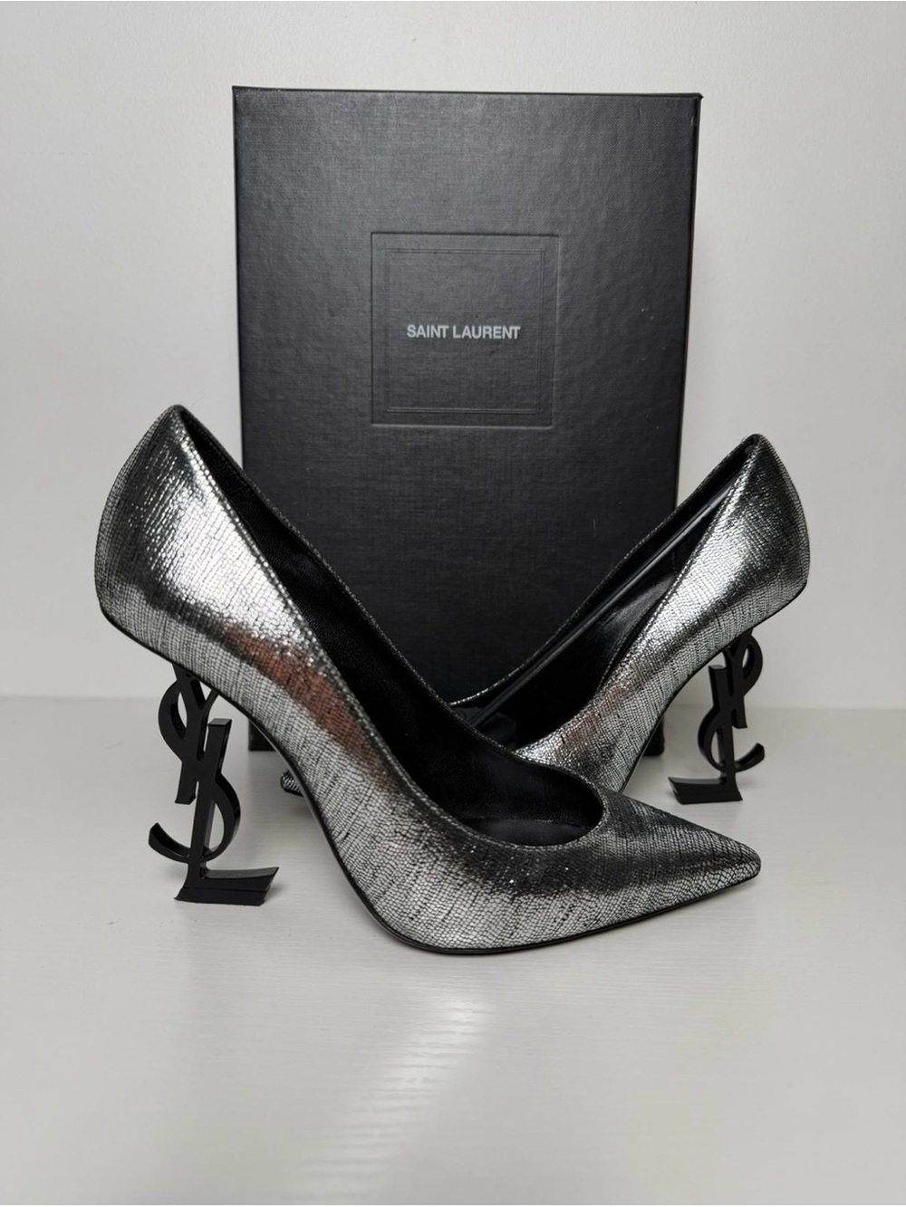 Saint Laurent Metallic Silver Opyum Logo Heel Pumps